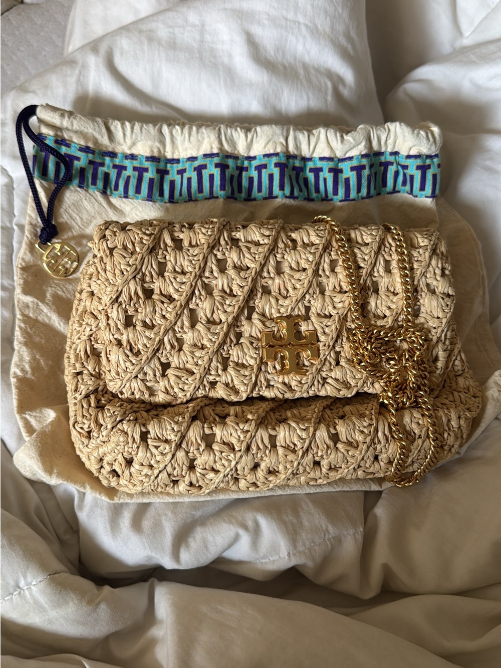 Tory Burch Natural Woven Raffia Shoulder Bag with Gold Chain